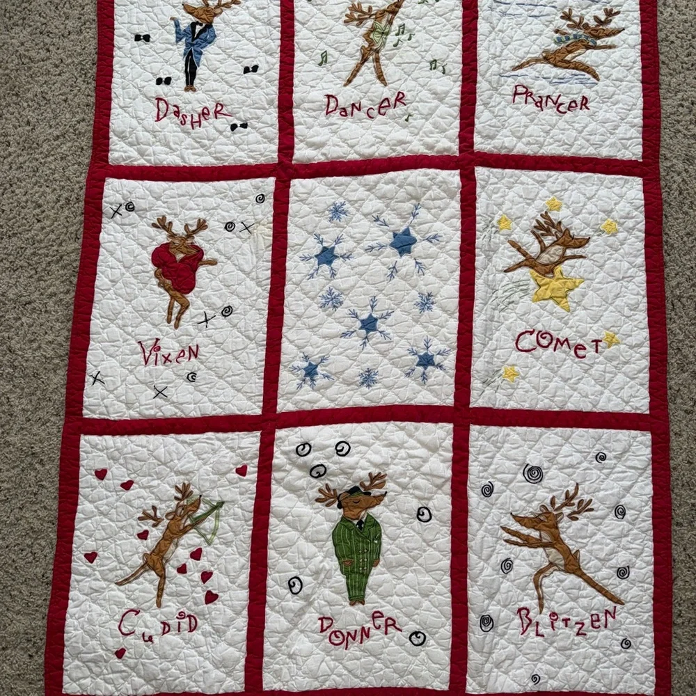 Vintage RARE Pottery Barn Kids Christmas Reindeer Baby Quilt